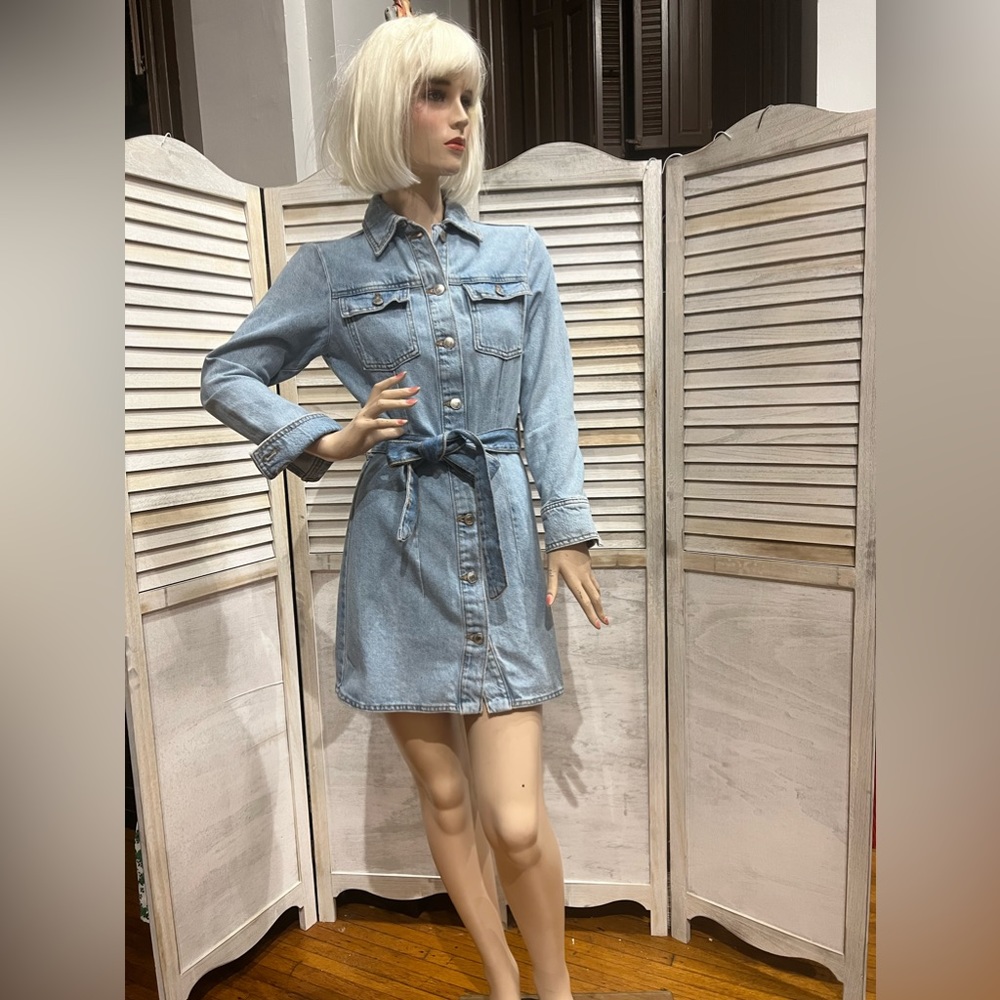 ZARA light blue  belted denim mini dress, XS,